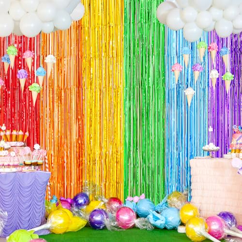 Image of Rainbow Metallic Tinsel Foil Fringe Curtains Backdrop 2Pack 3.3x8.3Ft Party Streamers for Birthday Party Decorations Halloween Christmas Decors Foil Curtain Backdrop for Bachelorette Bridal Party