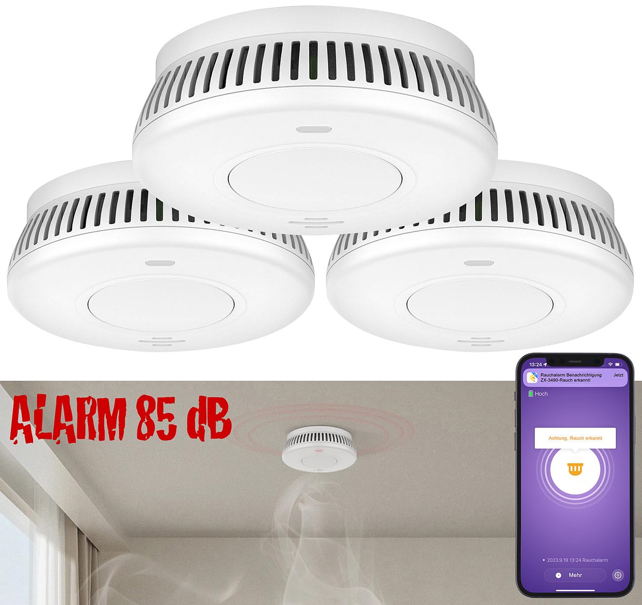 VisorTech rilevatori fumo.sets: set da 3 pezzi Rilevatore di fumi WLAN, batteria integrata di 10 anni, 85 dB (sensore fumo, rilevatore, pc)