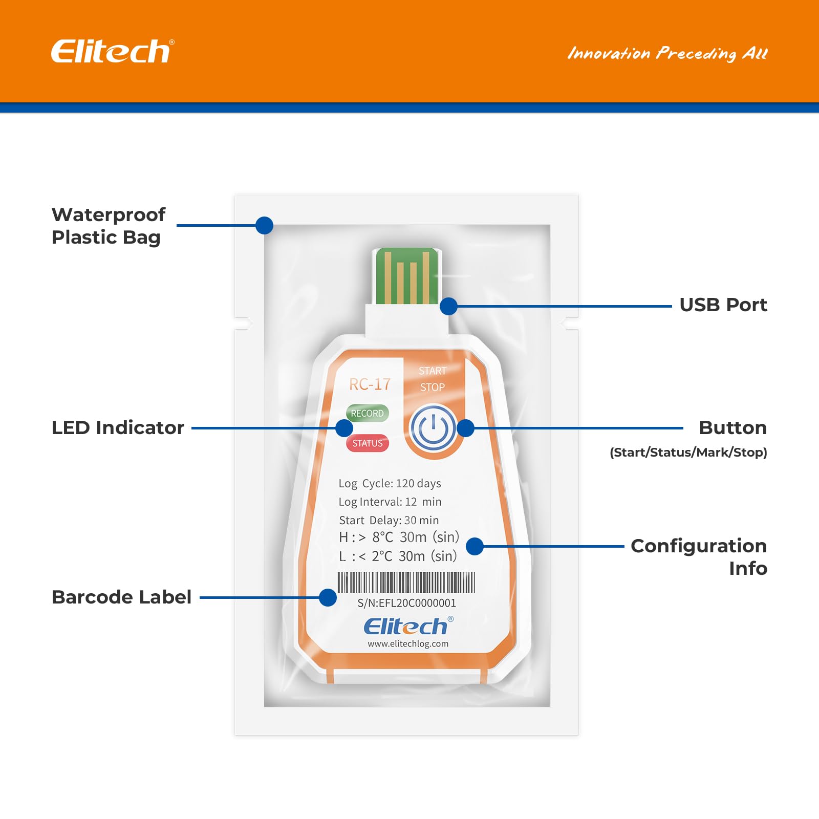 Elitech Enregistreur de Température USB à Usage Unique RC-17 5Pcs, Paramètres Réglables, Enregistrement 120 Jours pour Chaîne du Froid Aliments Médicaments, Étanche IP67, Export Auto PDF