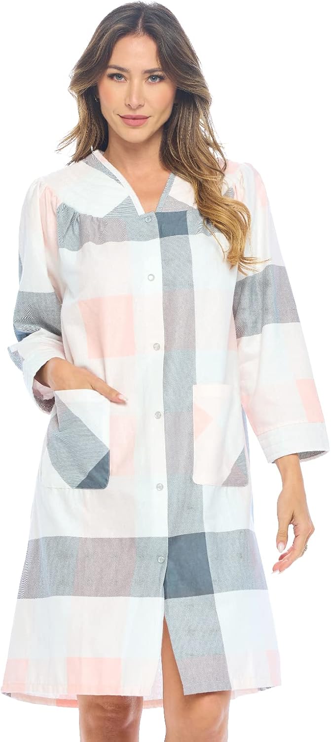 Casual Nights Women's Floral Snap Front Flannel Duster Long Sleeve Lounger Dress