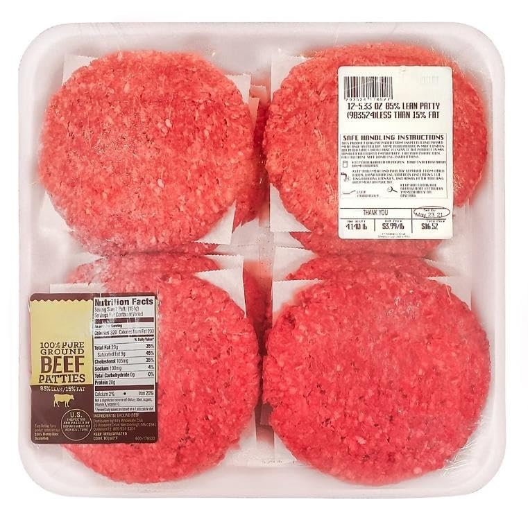 Ground Beef Patties are the perfect choice for any cookout or tailgate. Made with 85% lean beef and 15% fat, these patties are full of flavor and juiciness. This package contains 12 patties , making it easy to serve a crowd. [ 60 oz , 3.75 lb ]