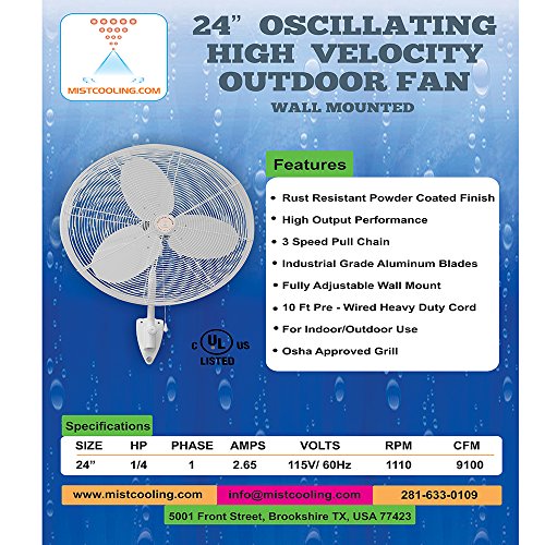 mistcooling Outdoor Fan - Industrial Fans - 18, 24 and 30 Inch Fans (24 Inch Oscillating - White)