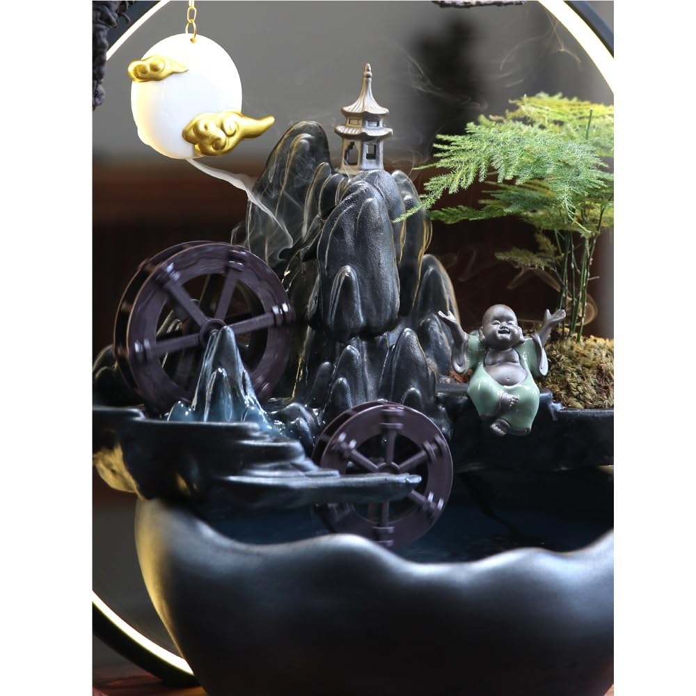 Fuente Decorativa de jardín, Fuente de Agua con Cascada, de cerámica, con función humidificadora, Rueda de Agua, Feng Shui Zen, decoración para salón, Dormitorio, Oficina, 49 x 12 x 50 cm