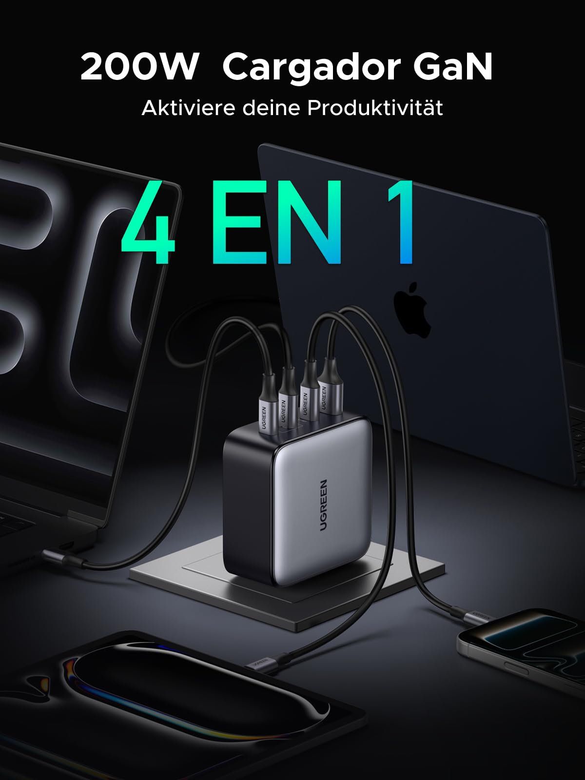 UGREEN Nexode 200W Cargador USB C Carga Rápida Múltiple Puertos | 4 Puertos, PD 3.1, PPS 45W, Compatible con iPhone 17 Pro Max Air 16 15 14 13 Galaxy S26 25 Pixel 10 Pro iPad MacBook M5 M4