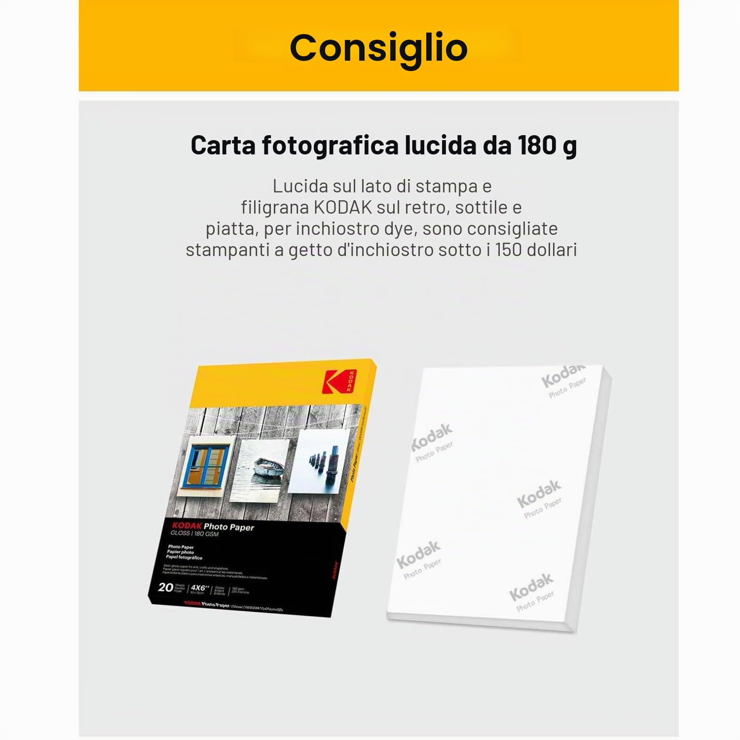 Kodak Carta Fotografica Gloss Insta Dry, A4, 180 g/m², 50 Fogli, Bianco