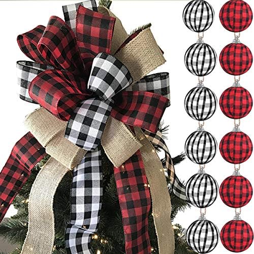 Amazon.co.jp Tmflexe クリスマスツリートッパー レッド ブラック ホワイト バッファロー格子縞オーナメント リースドア用