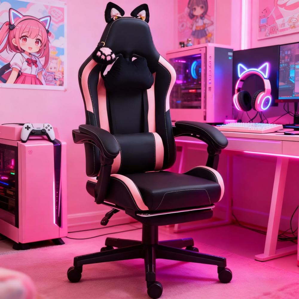 Pink Gaming Chair with Cute Cat Ears Comfy Ergonomic Computer Chair with Footrest and Headrest, Video Game Chairs for Girls, Adult, Teen, Height Adjustable, Lumbar Support (Pink Black)