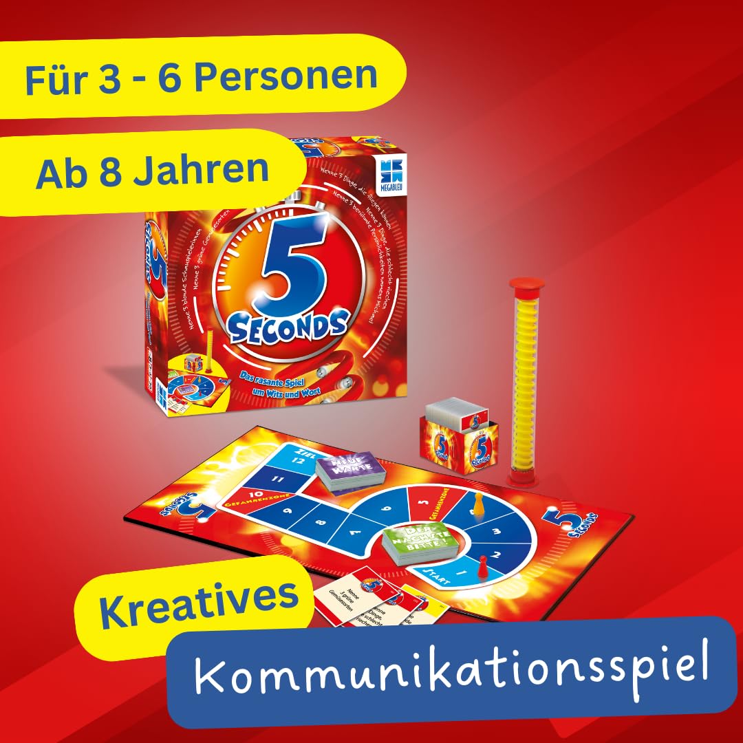 MEGABLEU | 5 Seconds | Familienspiele ab 8 Jahre | Gesellschaftsspiele Familie | Spiel & Spaß | Schnelle Partyspiele | Gib in nur 5 Sekunden 3 richtige Antworten! | Für 3 bis 6 Spieler ab 8 Jahren
