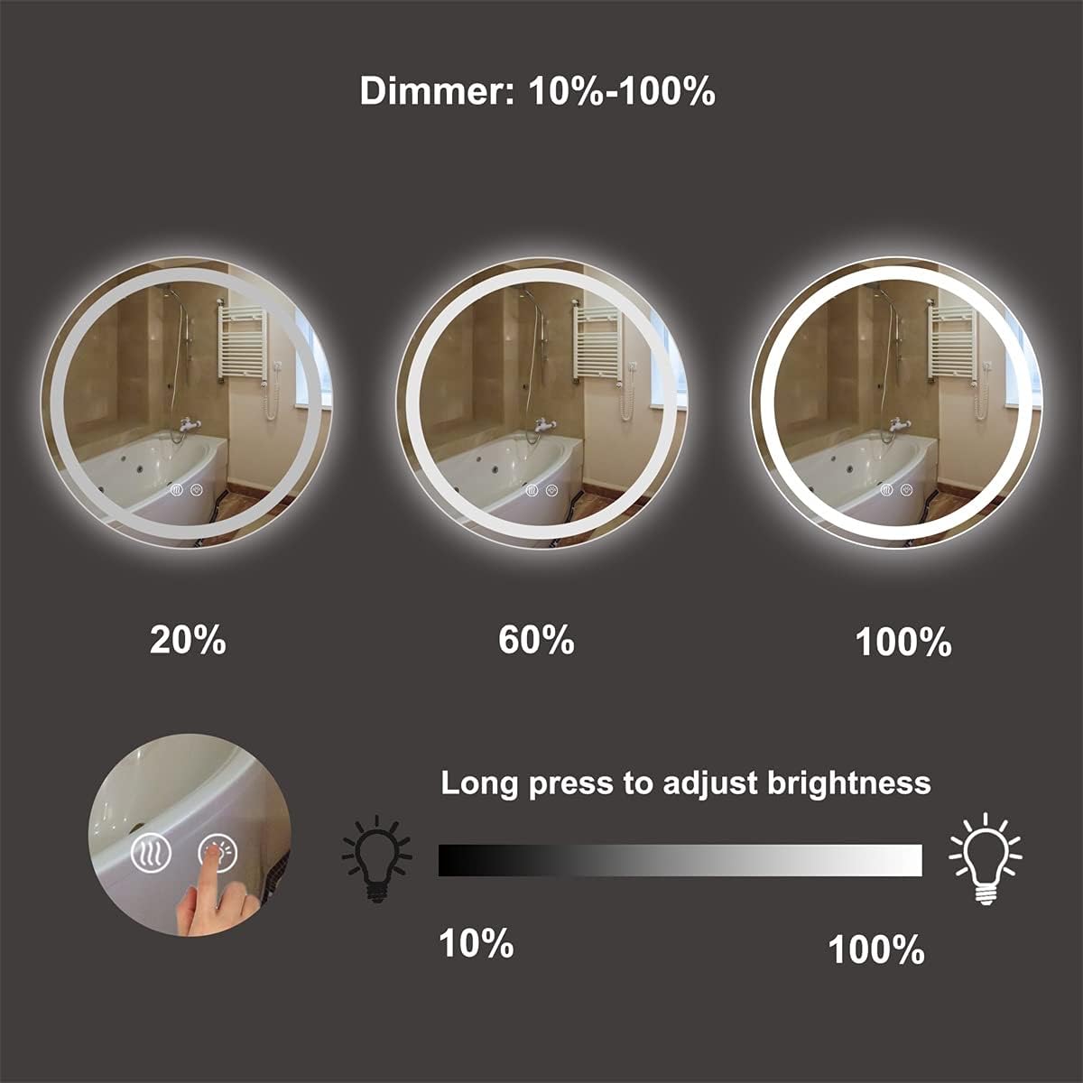 Diagram demonstrating the dimming functionality of the mirror, allowing brightness adjustment from 10% to 100% via a long press on the touch button.