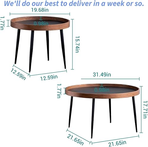 Miniatura 2 de CHIESMA Juego de 2 mesas auxiliares redondas de madera alrededor de patas de metal juegos de mesa auxiliar para sala de estar marrón y negro