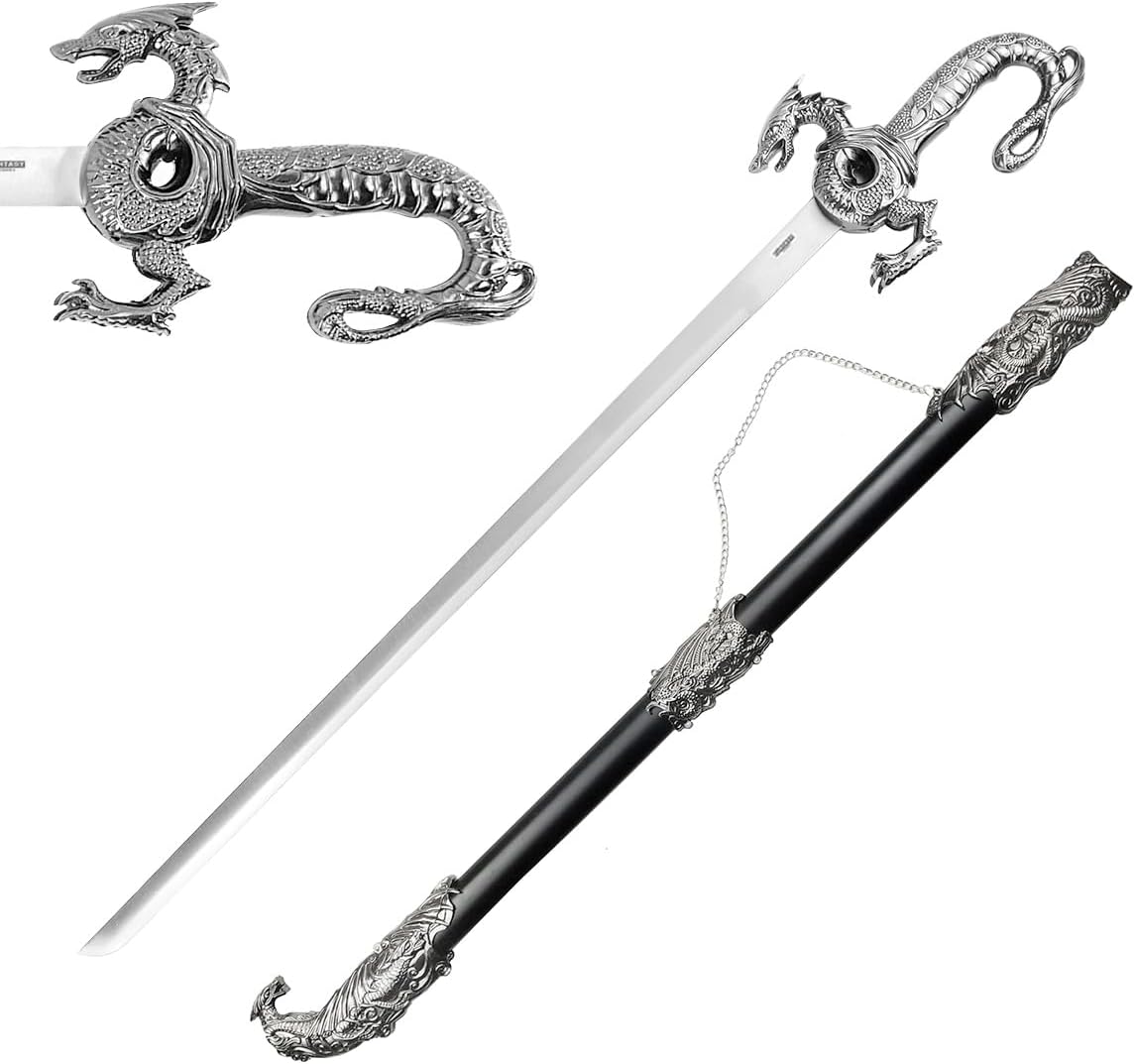 Medieval Dragon Sword – Decorative Replica Display Piece, Dull Blade Collectible, Knight Fantasy Sword for Cosplay, Home Decor and Collections