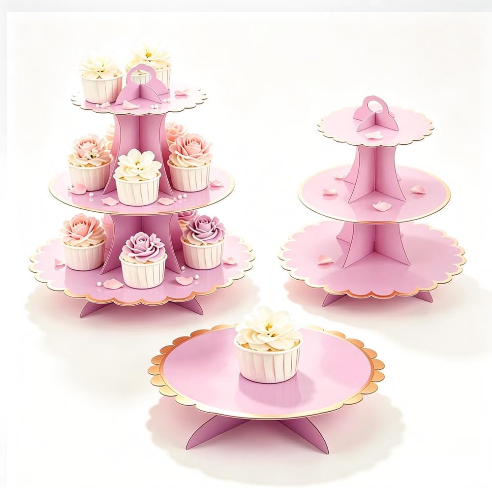 MRPAPA Pink Cupcake & Cake Stand Tray, 3-Tiered Cardboard Cupcake Stand, Easy Assemble Dessert Stand Holder for Party , Girls Baby Shower