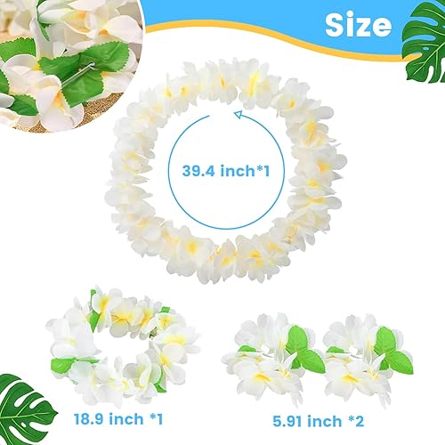 Miniatura 6 de LovesTown Juego de 4 piezas hawaianas de Lei, guirnalda de corona de Luau blanca Hawaii Leis Flower Headpiece collar pulsera verano piscina playa