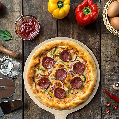 G.a HOMEFAVOR Round Pizza Board, Wooden Pizza Serving Plate with Handle,Practical Serving Plate & Rustic Cutting Board for Baking Pizza, Bread, Cheese, Antipasti, Fruit, Vegetables, 12.6, Set of 2