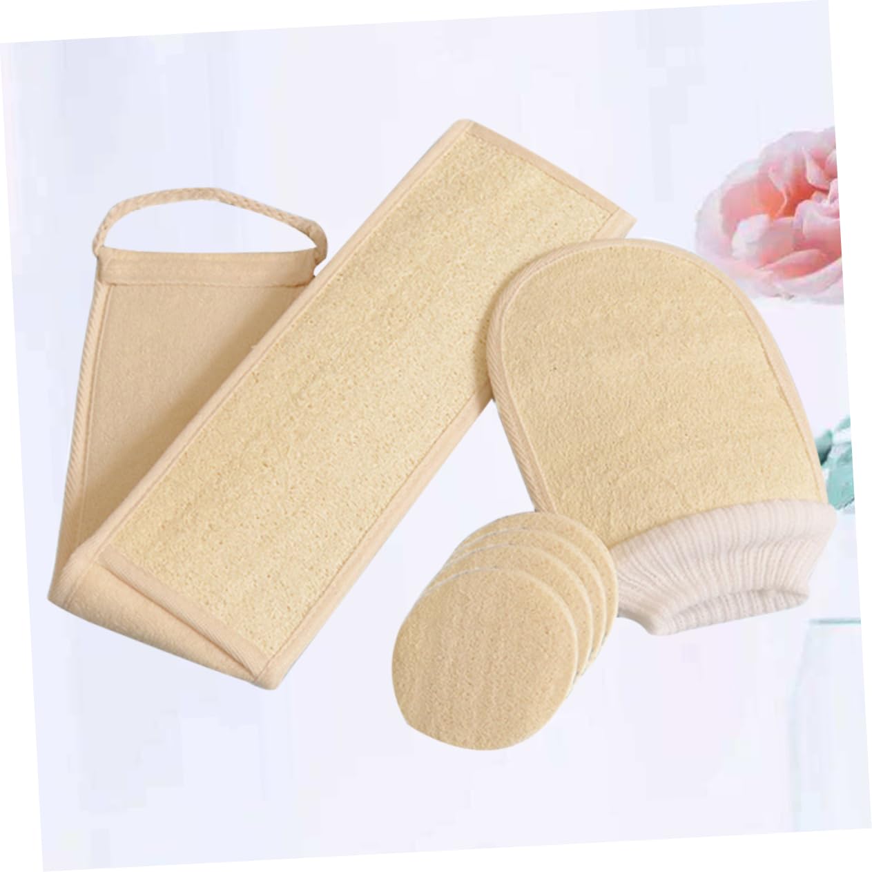 6piezas Esponjas De Luffa Natural Para Baño Set Exfoliante Guante Faja Para Espalda y Rodajas De Luffa Para Cuidado Piel y Spa