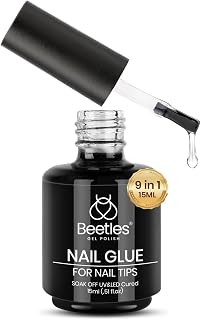 Beetles 15ml Nail Glue Gel, 9 in 1 for Clear Acrylic Nails Tips, Long Lasting Super Strong Brush Nail Glue for Fake Nails Base Coat Rhinestones Blooming Art Gel, Soak Off Nail Lamp
