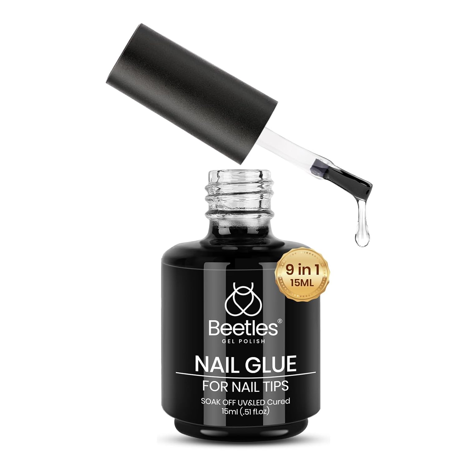 Beetles 9 in 1 Nail Glue Gel, 15 ml, For Clear Acrylic Tips & False Nails, Base Coat, Rhinestones & Blooming Art, Long Lasting Strong Adhesive, Soak Off UV Lamp Compatible