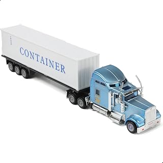 Semi Truck Toy with Trailer, 1/64 Scale Kenworth W900 Diecast Model Trucks, Alloy Metal Semi Truck and Trailer Gifts for Boys Adult Model Car Collector (Blue-White)