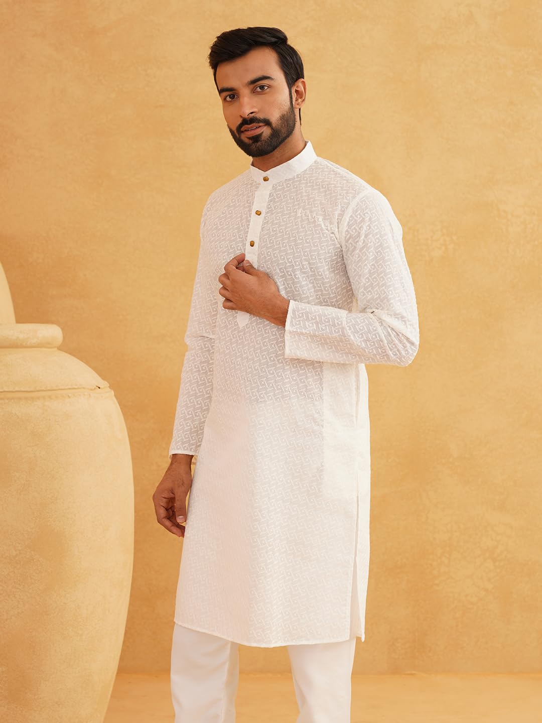 Sojanya (Since 1958 Men's Pure Cotton Cream Chikankari Only Long Kurta