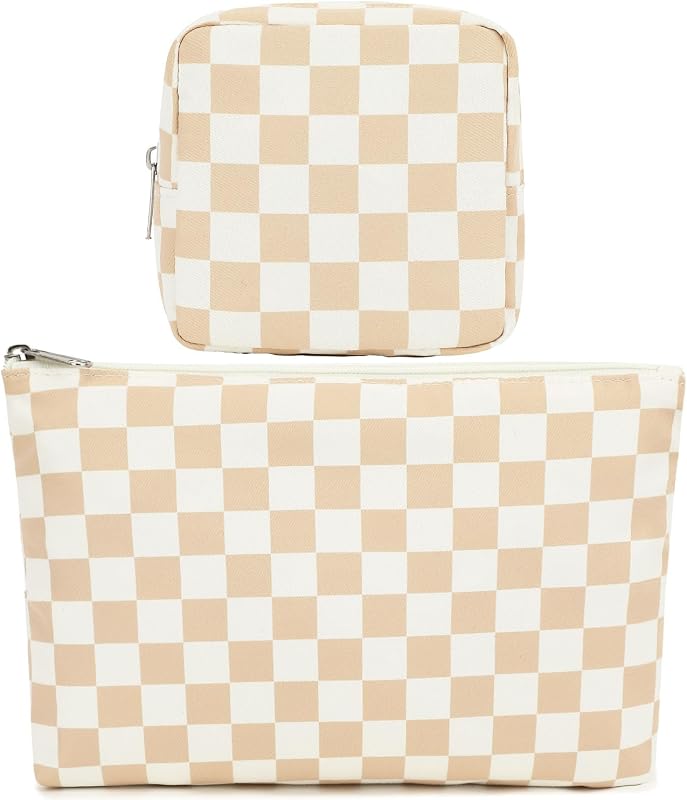 Necessaire de maquiagem xadrez Fammart em poliéster com zíper e compartimentos, conjunto com 2