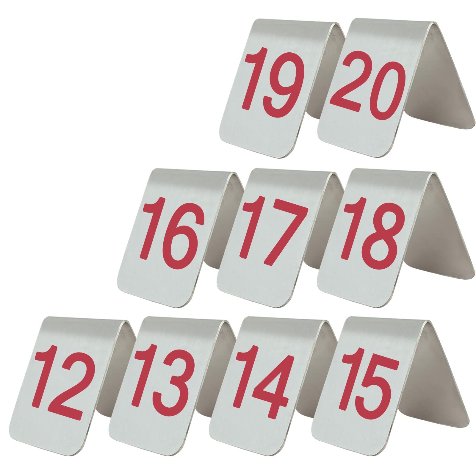 MYUYEE Stainless Steel Restaurant Table Numbers, Tabletop Number Sign Tent Style, Double-Sided Number 1-10/20, Placed Smoothly On The Table, Metal Number Tags Stackable (Red-7.5X6X6.5Cm)