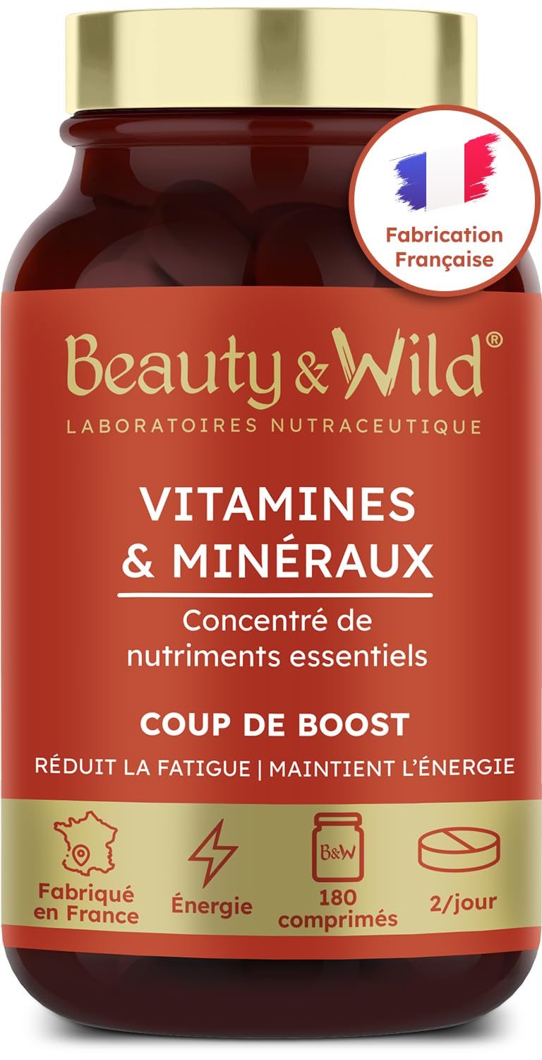 Multivitamines et Minéraux | Zinc, Magnésium, Sélénium, Vitamine C, A, E | Anti-fatigue, Énergie, Vitalité | Cheveux et ongles | Made in France | 180 comprimés | Beauty & WILD