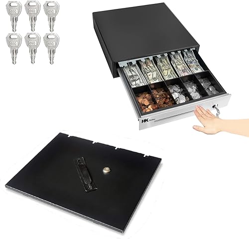 HK SYSTEMS Cajón de efectivo abierto manual negro resistente de 16 pulgadas con acero inoxidable de 5 billetes5 monedas con tapa de hasta