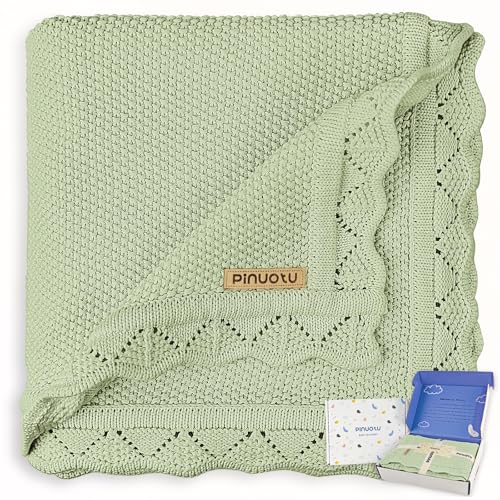 Image of Pinuotu 100% Cotton Knitted Baby Blanket, Green Newborn Gift, 40''x31 | Includes gift box; machine washable & gentle for sensitive baby skin