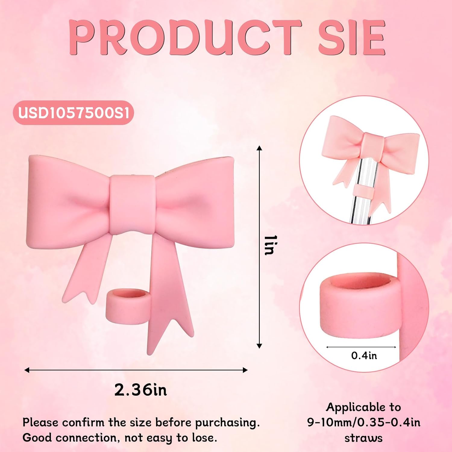 Bow Straw Covers Cap Toppers - Cute Pink 10mm/0.4in Reusable Silicone Straw Toppers for Tumblers, Travel Mugs, and Glass Cups (50)