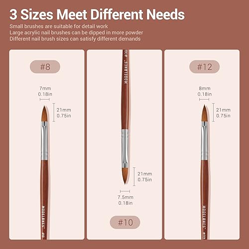 Miniatura 5 de Modelones Kolinsky - Juego de pinceles de uñas acrílicas, tamaño 8/10/12, pinceles de uñas redondas para polvo acrílico, esmalte de gel, gel de