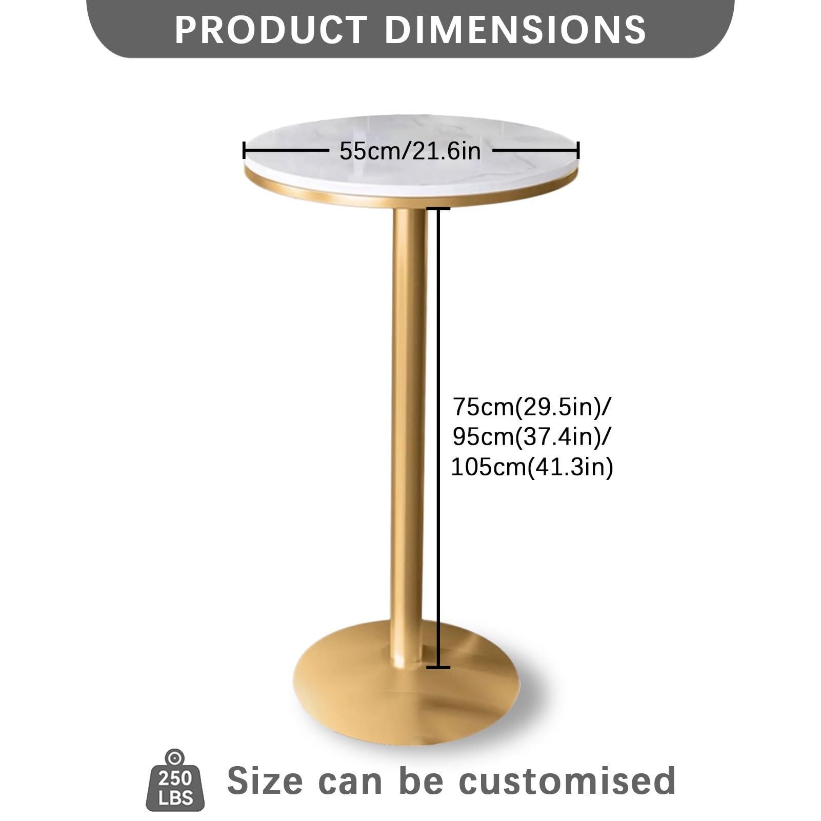 Slish Table de bistrot ronde avec dessus en marbre et base en métal, 55 x 55 x 95 cm, bureau de pub pour cuisine, bureau et café