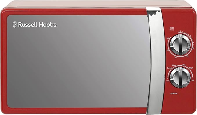 Russell Hobbs RHMM701R - Microondas manual de 17 litros y 700 W, 5 niveles de potencia, aviso acústico y temporizador, función de descongelación, limpieza sencilla, rojo