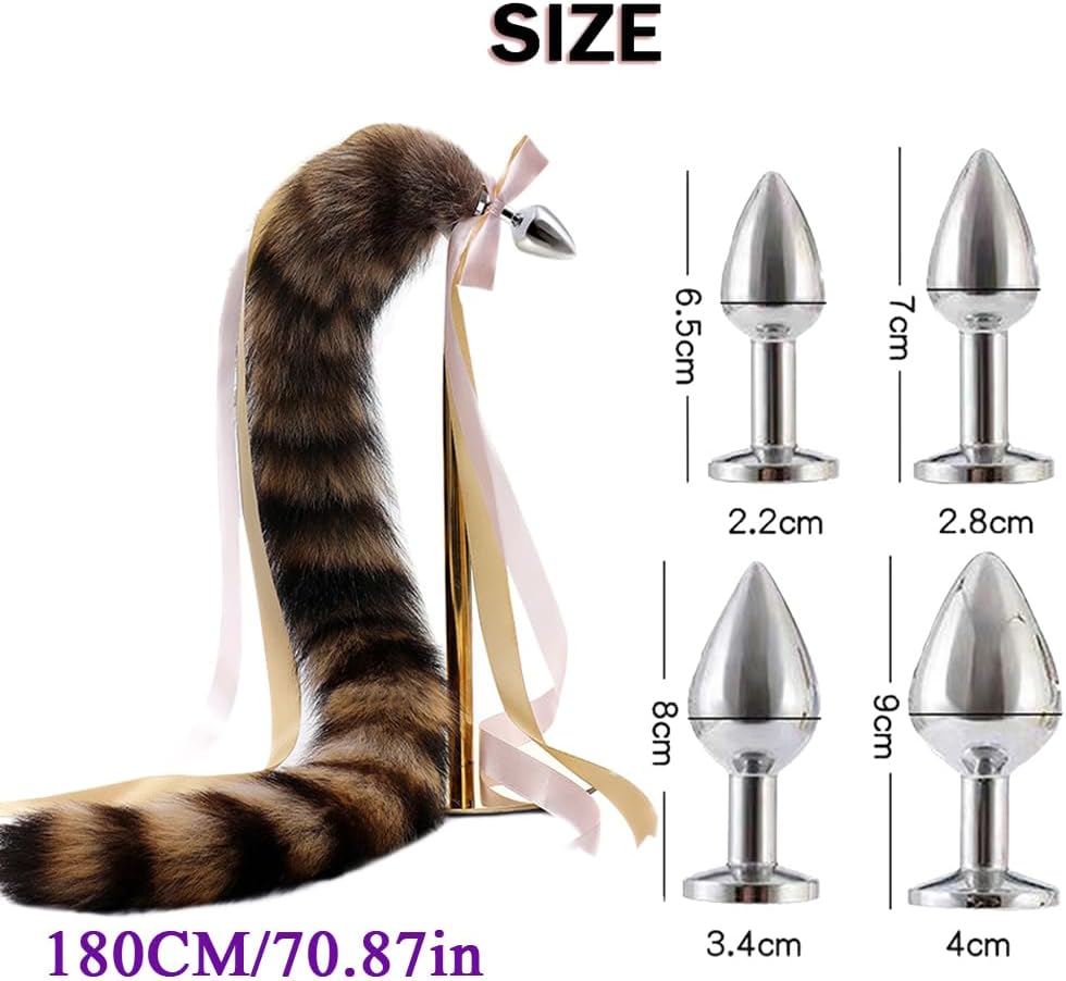 Butt Plug Fox Tail, Brownish Black Artificial Handmade Raccoon Tail,SM Props, Stainless Steel Anal Plug,Female Anal Expander,Cosplay Sex Toys -180 Tail||3.4CM Plugs