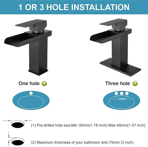 Miniatura 2 de Midanya Grifo de baño de cascada negro mate, 1 agujero, grifo de lavabo de una sola manija, boquilla ancha con drenaje desplegable y placa de