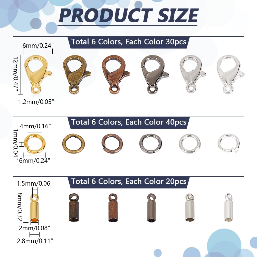 PH PandaHall 540pcs Jewelry Making Accessories Kit, 120pcs Brass Cord End Caps Crimp Column End Tips 180pcs Lobster Claw Clasps 240pcs Open Jump Rings for DIY Jewelry Bracelet Necklace Making