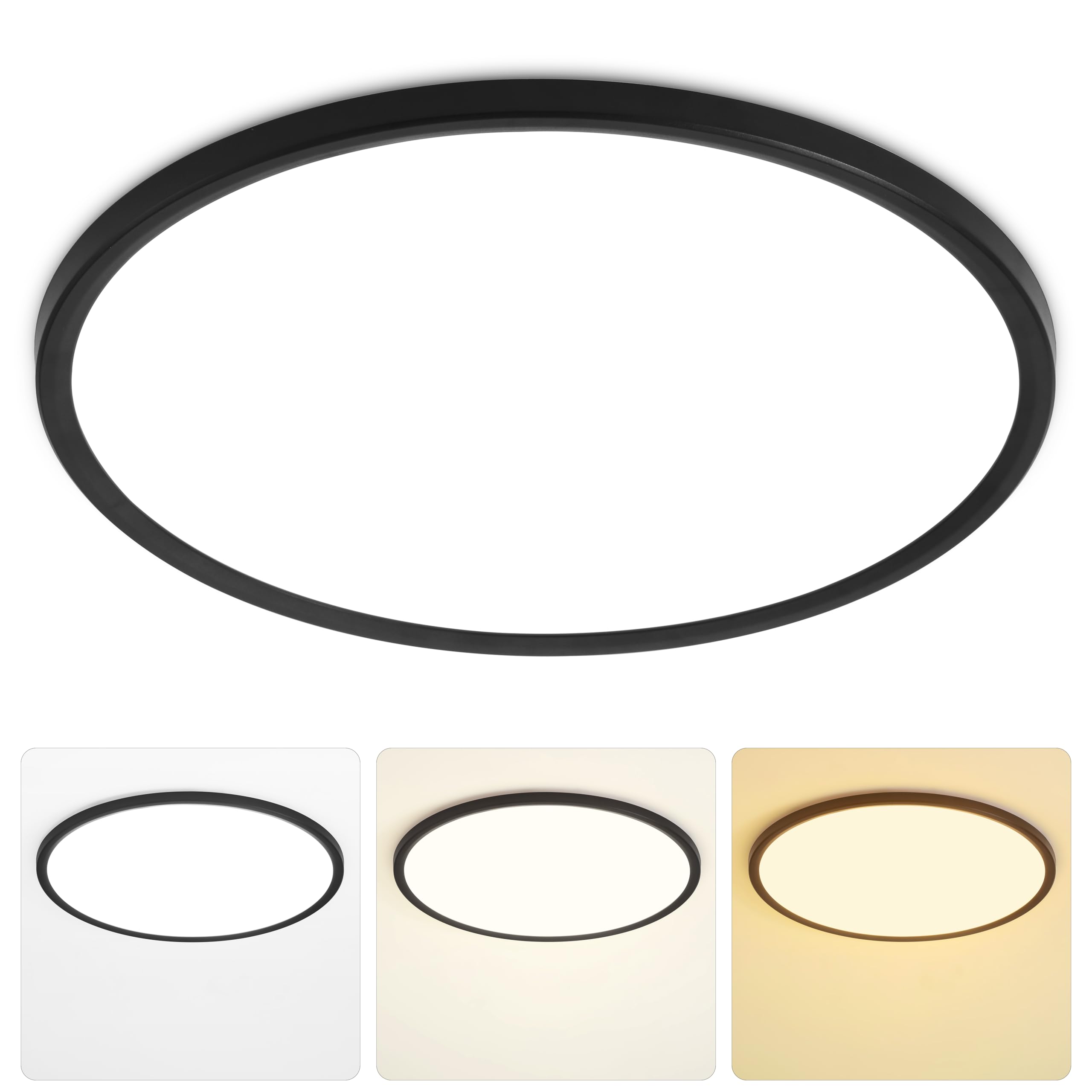 MOONSEA 46W LED Deckenleuchte Ø49cm 3 Farben Deckenlampe Rund Flach | 3000K/4000K/6500K Deckenlampe Schwarz, Ultra Dünn Deckenleuchte Flach für Wohnzimmer Schlafzimmer Küche Esszimmer Büro