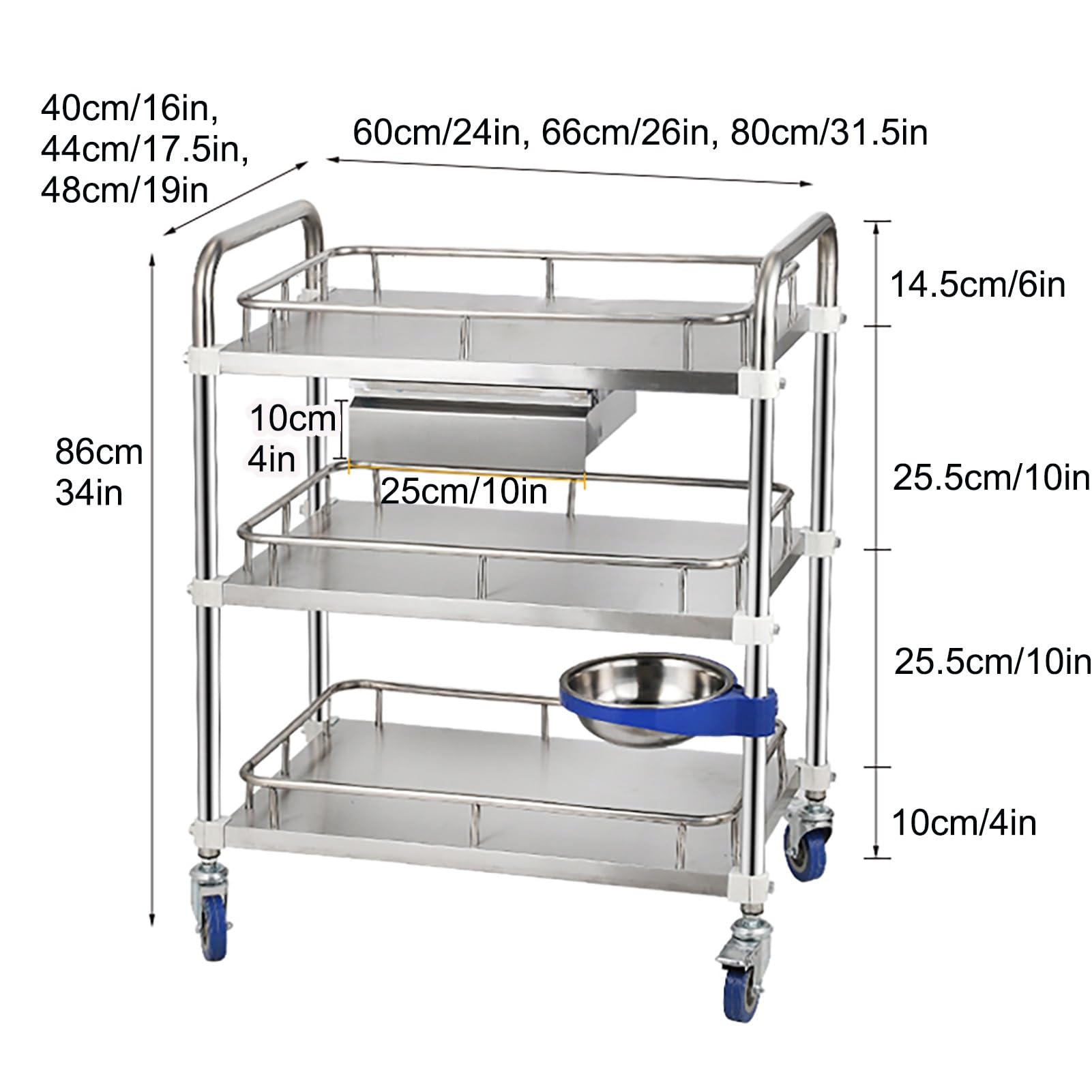 Chariot à roulettes argenté à 3 Niveaux, Chariot de Laboratoire de Service de Clinique Mobile avec Un tiroir, Chariots roulants Utilitaires d'équipement de Chariot de Service, pour Cabinet d