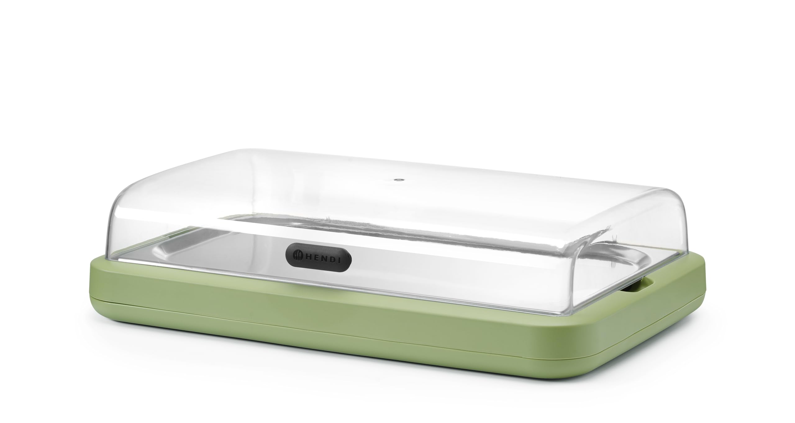 HENDI Vetrina refrigerata UNIQ con coperchio ribaltabile in ABS, set con vassoio in acciaio inox GN 1/1, elemento refrigerante, 593x389x(H)147mm, polipropilene, verde