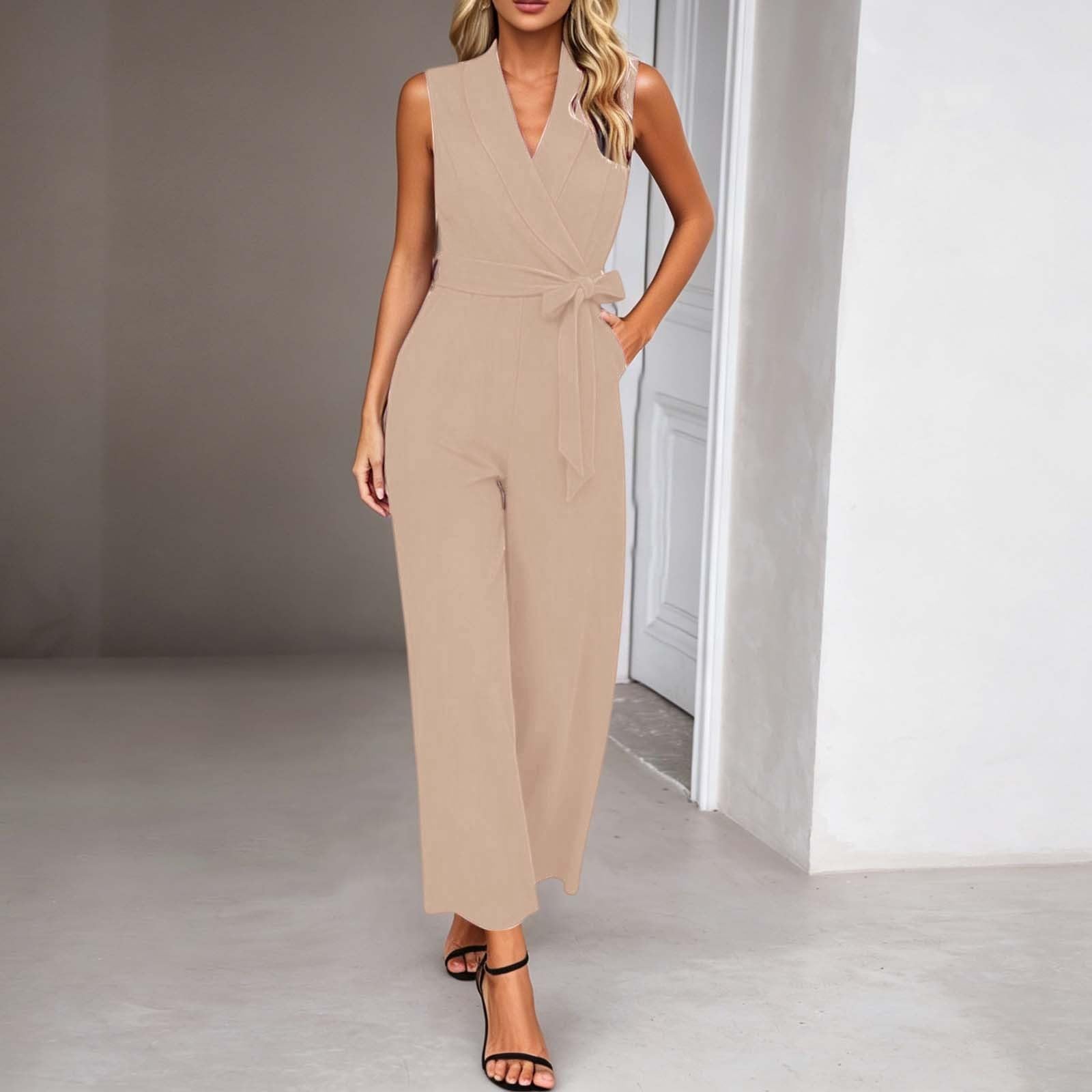 Générique Combinaison Femme Chic Pour Soirée Combinaisons Ete Élégante Col En V Larges Ensemble Avec Cordon De Serrage Et Poches Fluide Jumpsuit Sexy Casual