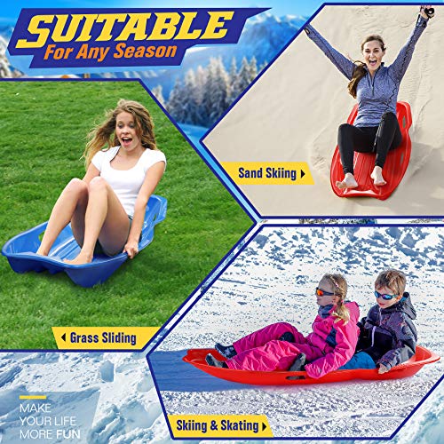 tomser Snow Sled 2 Pack, Large Toboggan Snow Sled for Adults and Kids Durable Saucer Sleds for Snow Winter Snow Sledding for Outdoor Grass Dune Game Plastic Sled Red and Blue