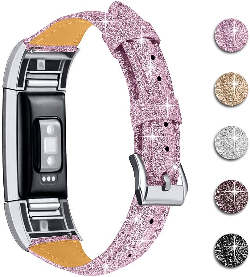JOYOZY Leather Band Compatible with Fitbit Charge 2 Replacement Bands,Slim Classic Genuine Leather Wristband Fitness Strap Women(Glitter Pink with Silver Buckle)