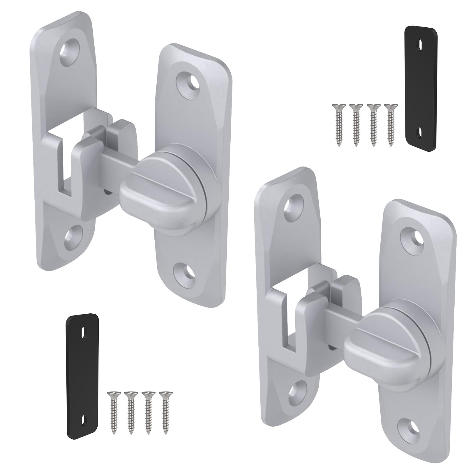 SecureLatch Silver Sliding Door Lock, 90/180 Degree Barn Internal Door Latch for Bathroom, Bedroom, Toilet, Small Bolt Lock with 3mm Spacer (Silver-2PCS)