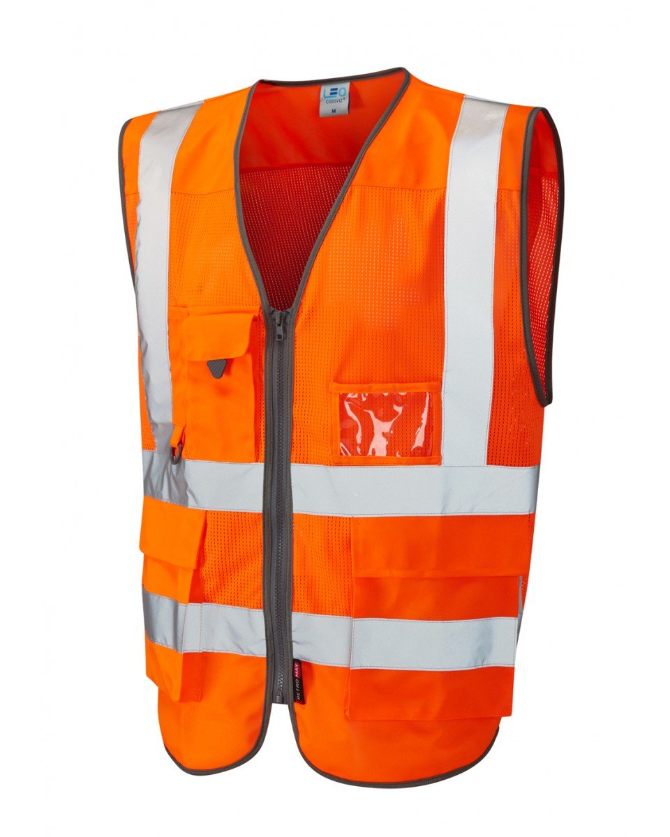 Leo Workwear Cobbaton Hi-Vis Orange AirFlow Mesh Polyester Coolviz Superior Waistcoat, Medium, Hi-Vis Orange