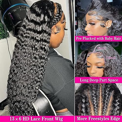 Image of Hswpawk 13x6 Deep Wave Lace Front Wig Human Hair HD Transparent Pre Plucked 180% Density Glueless With Baby Hair Natural Hairline Deep Curly 32 Inch