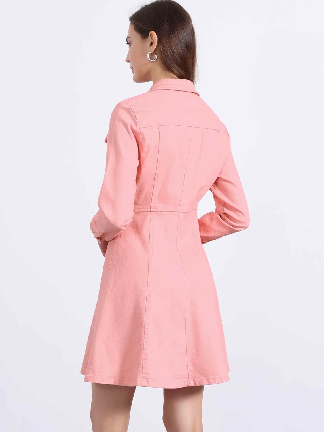 Allegra K Women’s Denim Dress Button Down Collar V Neck Long Sleeve A-line Cotton Jean Dress