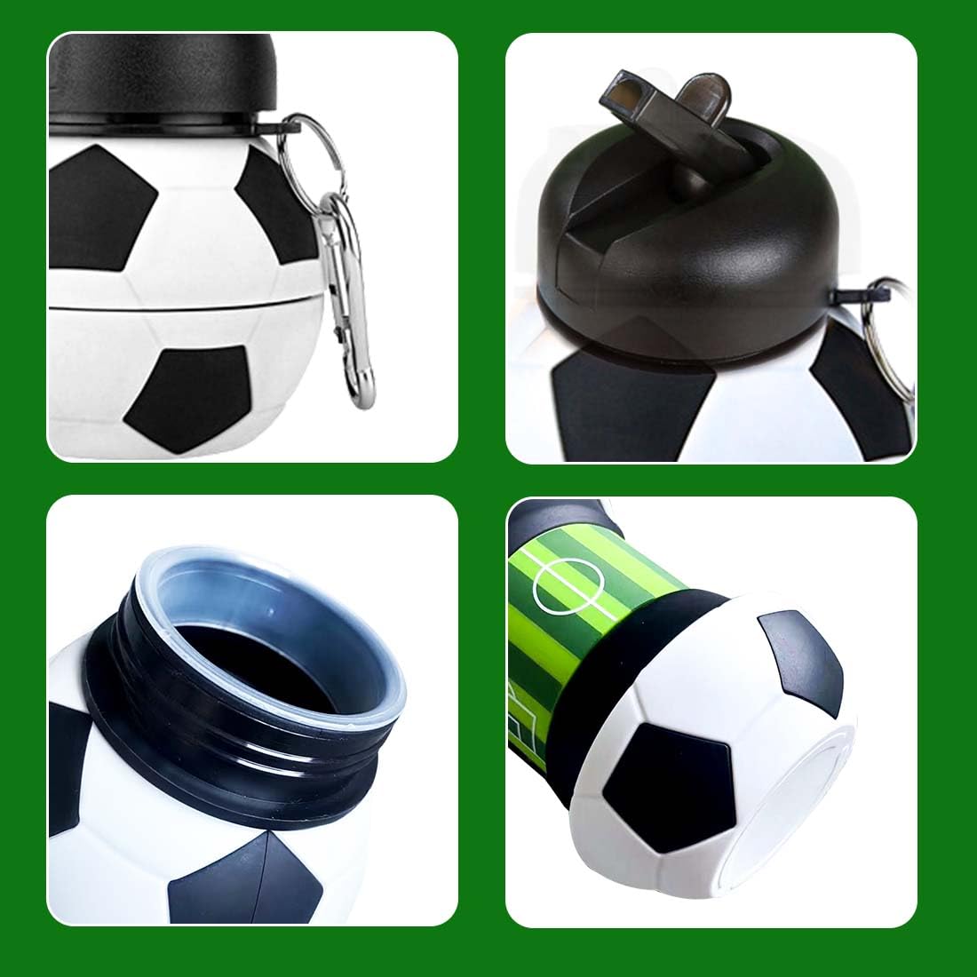 Borraccia Pieghevole In Silicone Per Bambini E Ragazzi - Senza BPA, 550ml, Design Calcio Bianco Nero - Foto 5