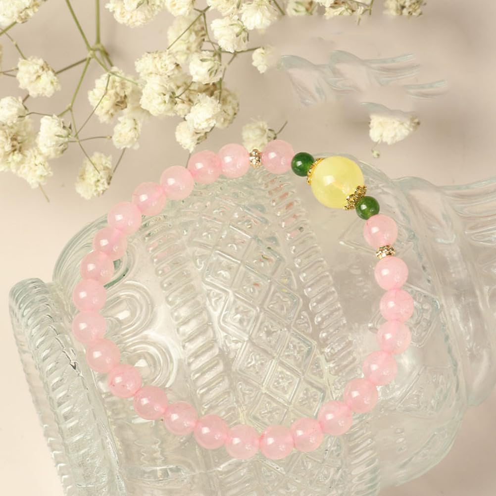 Bracciale in Quarzo Rosa e Ambra - Cristallo Rosa Naturale con Perle di Ambra autentica per Amore, Armonia ed energia Calda, Gioielli Elasticizzati per Donna