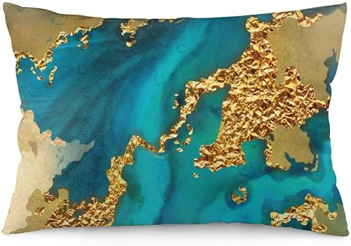Miniatura 2 de HOSTECCO Juego de 4 fundas de almohada lumbar de 12 x 20 pulgadas, color verde azulado y dorado, fundas modernas abstractas de arte contemporáneo