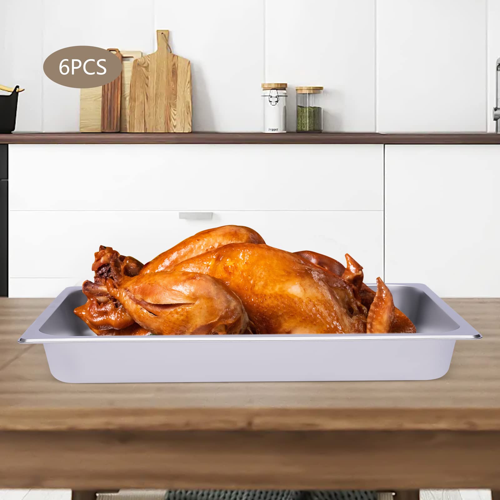 Set di 6 vassoi per alimenti GN 1/1 in acciaio inox, 53 × 33 × 6 cm, 0,7 mm, piatto da forno, contenitore per gastronormo impilabile per buffet, ristorante, cantina