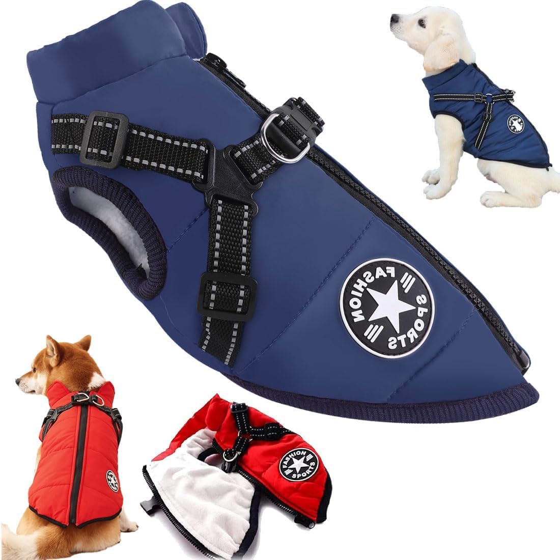 New Furry King Dog Winter Coat, Furryking Winter Jacket for Dogs, Waterproof Windproof Dog Snow Jacket with Harness and Zipper, for Small Medium Large Dogs(Size:4X-Large,Color:blue)